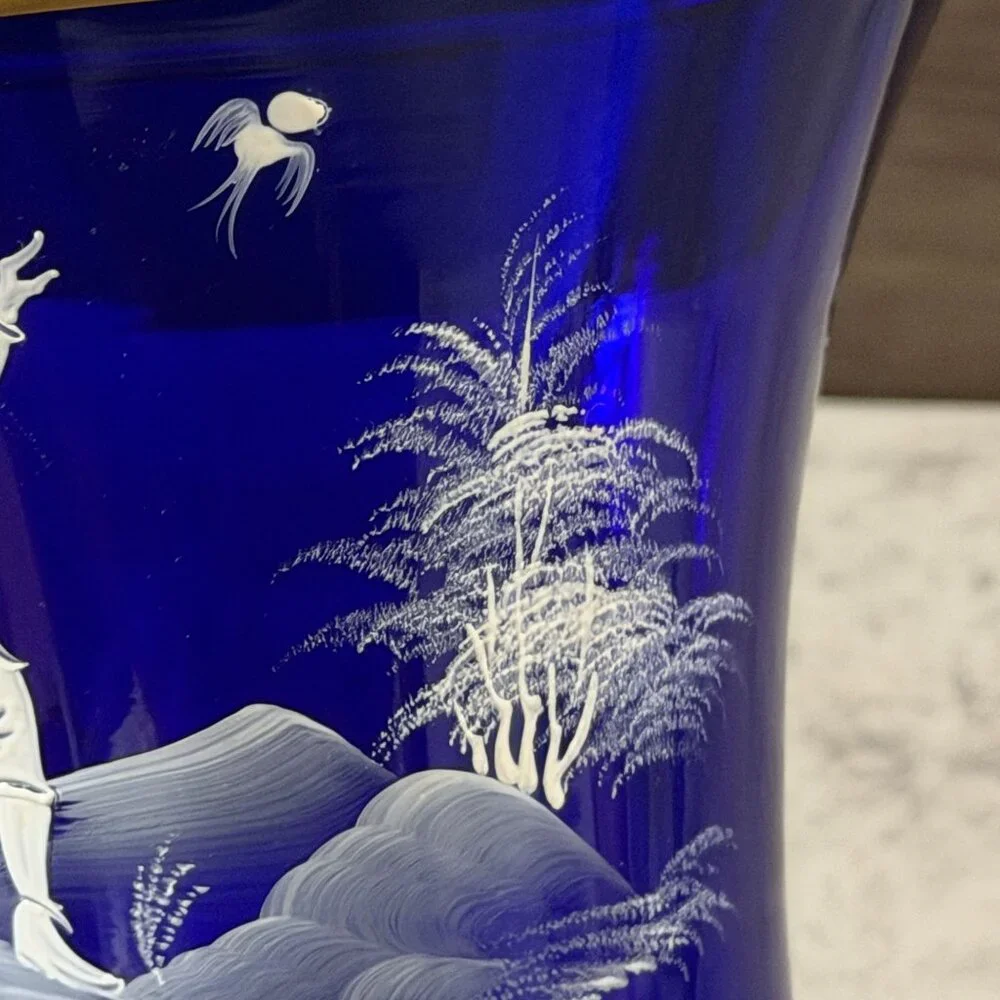 Antique Mary Gregory Cobalt Blue White Enamel Hand Painted Child Glass Vase 8